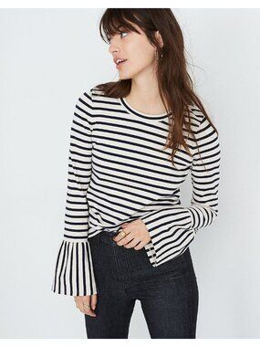Madewell Stripe-Play Ruffle-Cuff Pullover Top in Cream/Black - Sz S